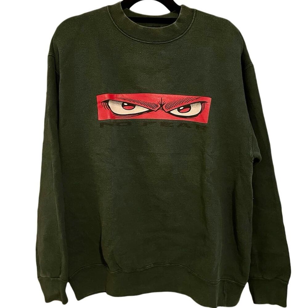 Vintage 90s No Fear Look Fear In the Eyes Box Logo Green Crewneck Adult Large